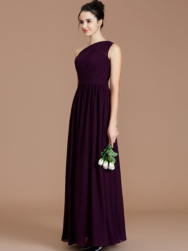 A-Line/Princess One-Shoulder Sleeveless Ruched Floor-Length Chiffon Bridesmaid Dresses