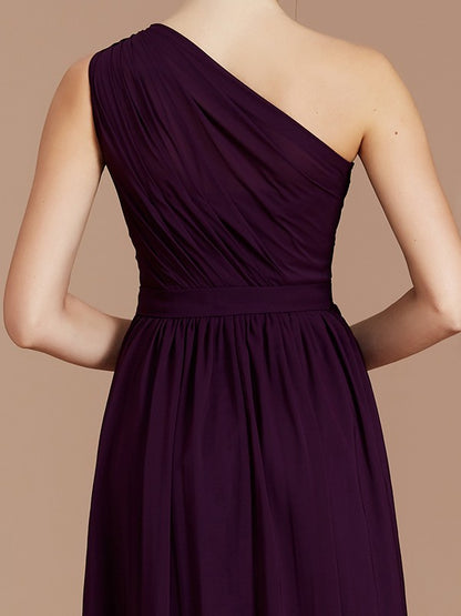 A-Line/Princess One-Shoulder Sleeveless Ruched Floor-Length Chiffon Bridesmaid Dresses