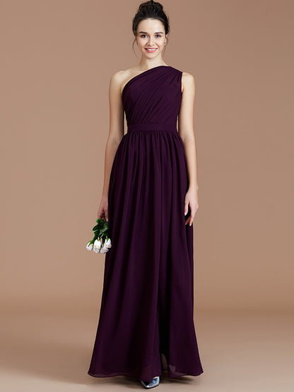 A-Line/Princess One-Shoulder Sleeveless Ruched Floor-Length Chiffon Bridesmaid Dresses