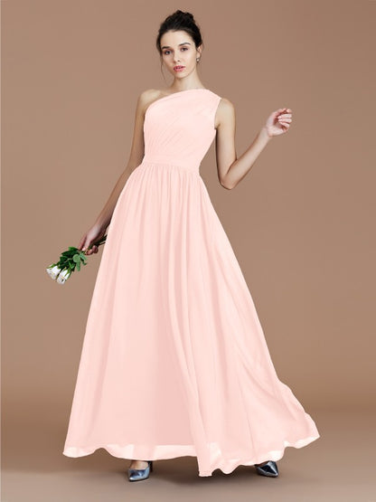 A-Line/Princess One-Shoulder Sleeveless Ruched Floor-Length Chiffon Bridesmaid Dresses