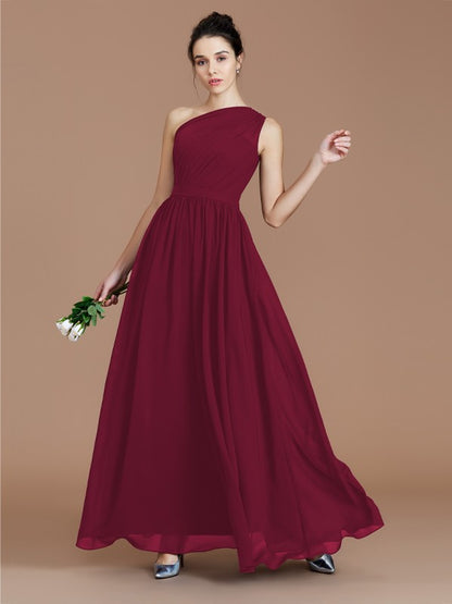 A-Line/Princess One-Shoulder Sleeveless Ruched Floor-Length Chiffon Bridesmaid Dresses