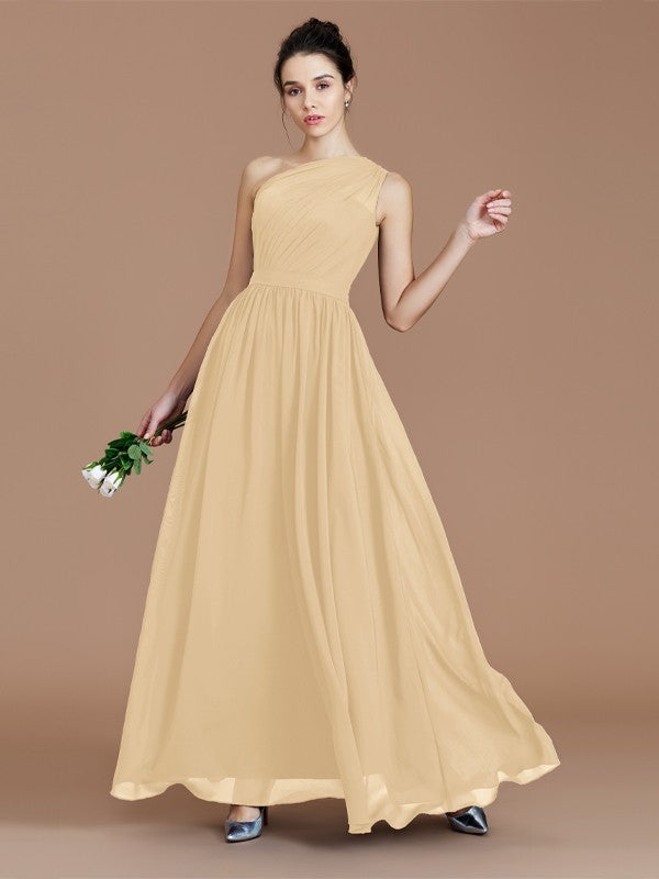 A-Line/Princess One-Shoulder Sleeveless Ruched Floor-Length Chiffon Bridesmaid Dresses