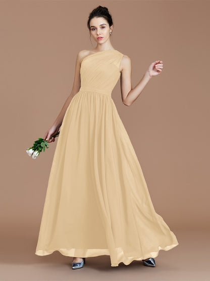 A-Line/Princess One-Shoulder Sleeveless Ruched Floor-Length Chiffon Bridesmaid Dresses