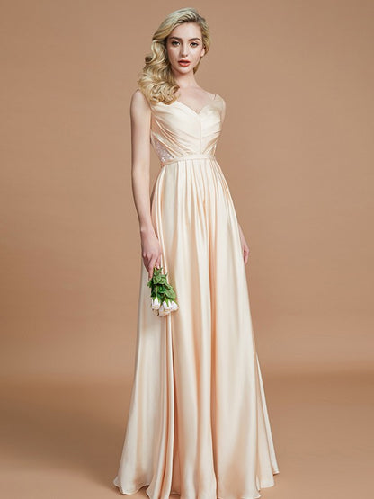 A-Line/Princess V-neck Sleeveless Ruched Floor-Length Silk like Satin Bridesmaid Dresses