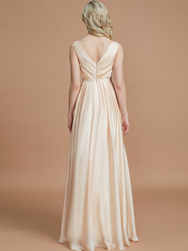 A-Line/Princess V-neck Sleeveless Ruched Floor-Length Silk like Satin Bridesmaid Dresses