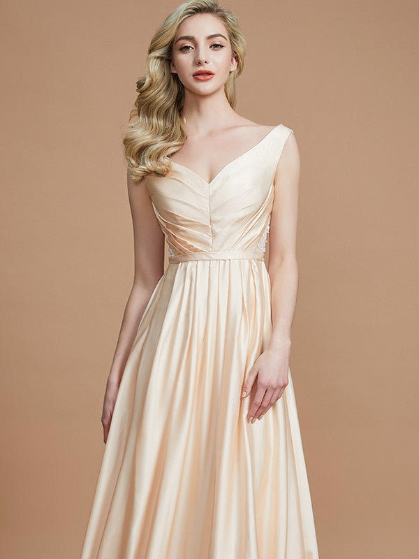 A-Line/Princess V-neck Sleeveless Ruched Floor-Length Silk like Satin Bridesmaid Dresses