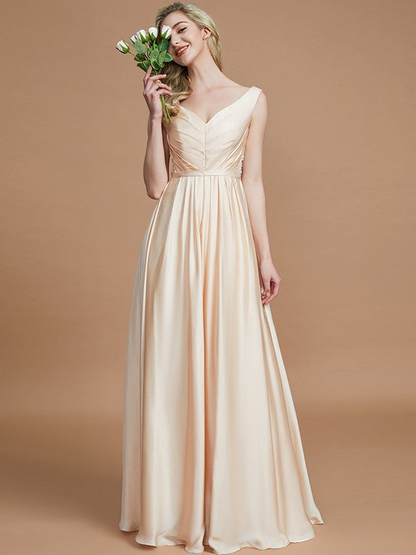 A-Line/Princess V-neck Sleeveless Ruched Floor-Length Silk like Satin Bridesmaid Dresses