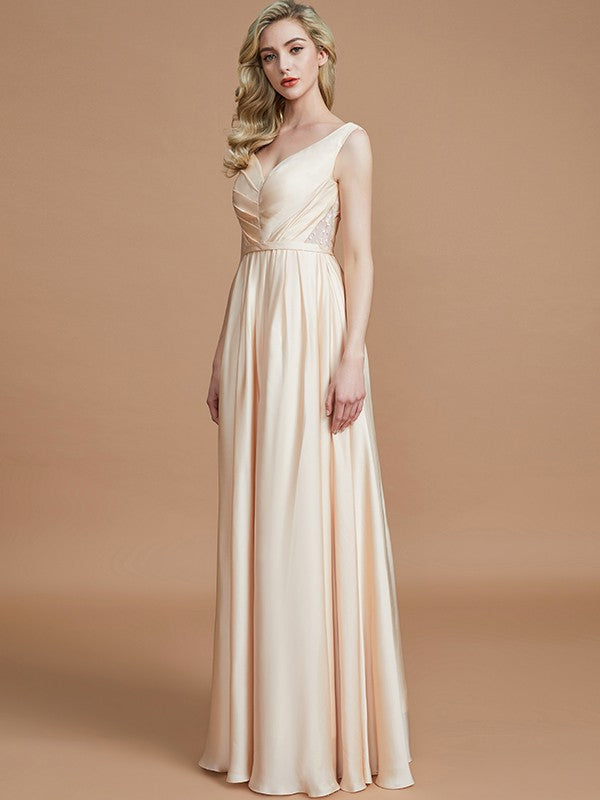 A-Line/Princess V-neck Sleeveless Ruched Floor-Length Silk like Satin Bridesmaid Dresses