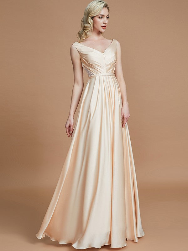 A-Line/Princess V-neck Sleeveless Ruched Floor-Length Silk like Satin Bridesmaid Dresses