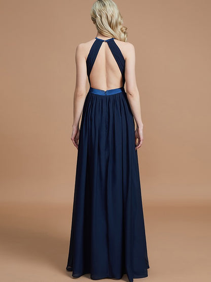 A-Line/Princess Halter Sleeveless Ruched Floor-Length Chiffon Bridesmaid Dresses