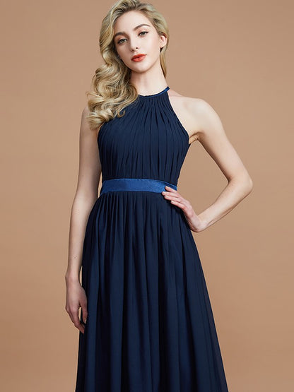 A-Line/Princess Halter Sleeveless Ruched Floor-Length Chiffon Bridesmaid Dresses