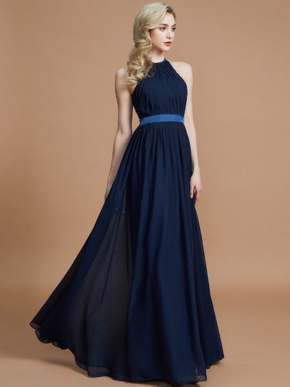 A-Line/Princess Halter Sleeveless Ruched Floor-Length Chiffon Bridesmaid Dresses