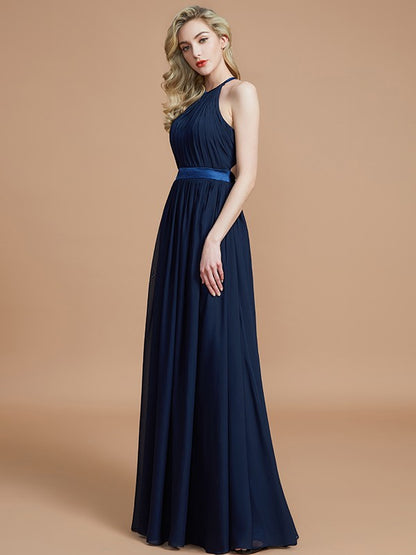 A-Line/Princess Halter Sleeveless Ruched Floor-Length Chiffon Bridesmaid Dresses