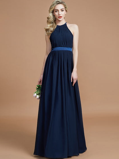 A-Line/Princess Halter Sleeveless Ruched Floor-Length Chiffon Bridesmaid Dresses