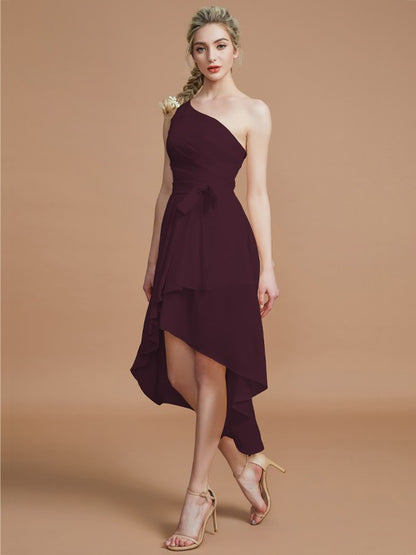 A-Line/Princess One-Shoulder Sleeveless Layers Asymmetrical Chiffon Bridesmaid Dresses