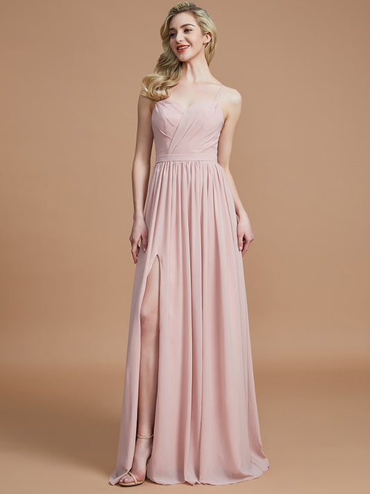 A-Line/Princess Spaghetti Straps Sleeveless Ruched Floor-Length Chiffon Bridesmaid Dresses