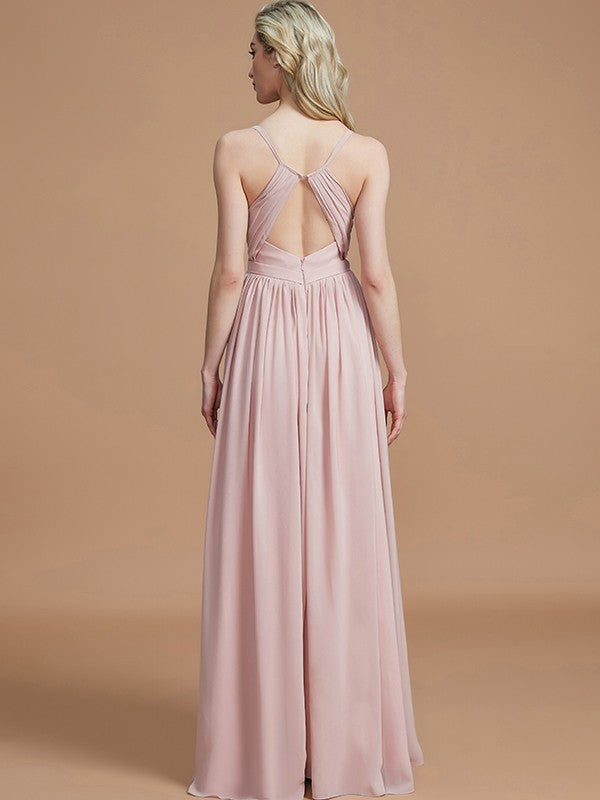 A-Line/Princess Spaghetti Straps Sleeveless Ruched Floor-Length Chiffon Bridesmaid Dresses