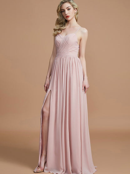 A-Line/Princess Spaghetti Straps Sleeveless Ruched Floor-Length Chiffon Bridesmaid Dresses