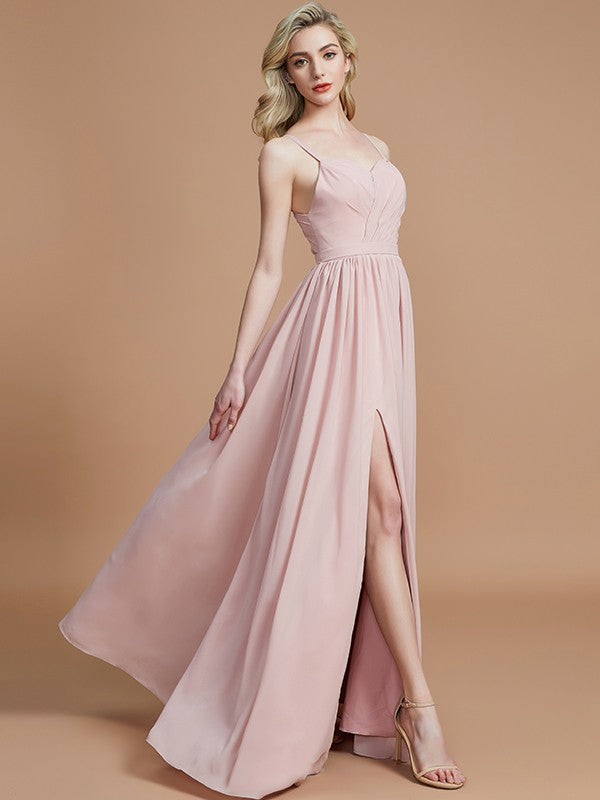 A-Line/Princess Spaghetti Straps Sleeveless Ruched Floor-Length Chiffon Bridesmaid Dresses