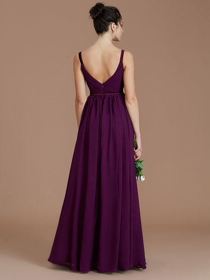 A-Line/Princess V-neck Sleeveless Ruched Floor-Length Chiffon Bridesmaid Dresses