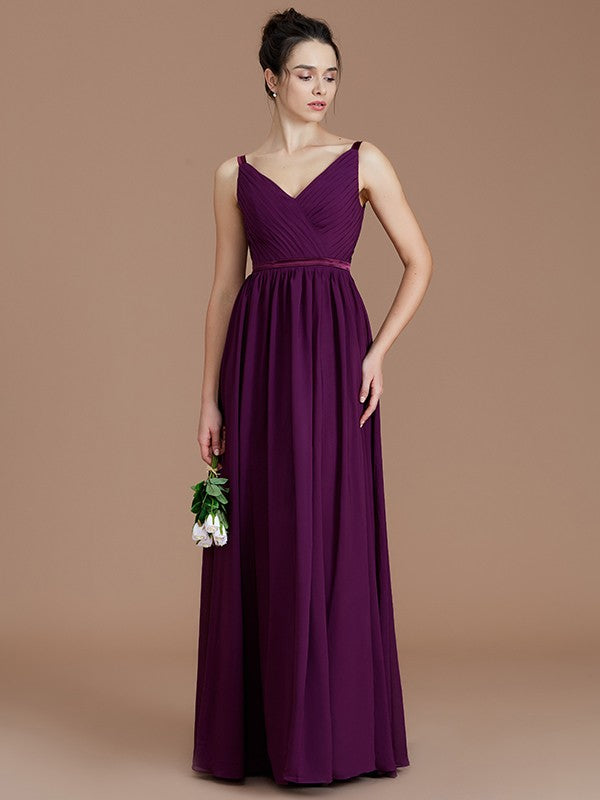 A-Line/Princess V-neck Sleeveless Ruched Floor-Length Chiffon Bridesmaid Dresses