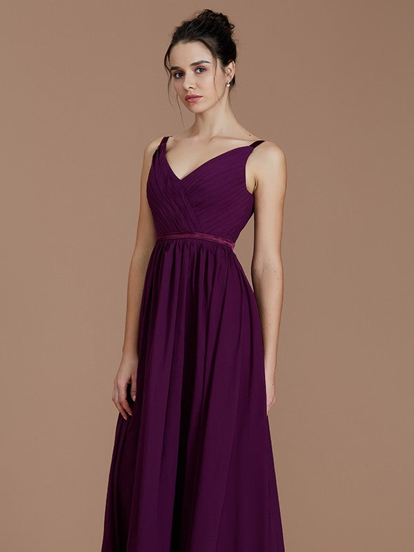 A-Line/Princess V-neck Sleeveless Ruched Floor-Length Chiffon Bridesmaid Dresses