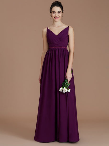 A-Line/Princess V-neck Sleeveless Ruched Floor-Length Chiffon Bridesmaid Dresses