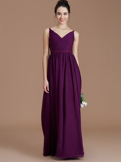 A-Line/Princess V-neck Sleeveless Ruched Floor-Length Chiffon Bridesmaid Dresses