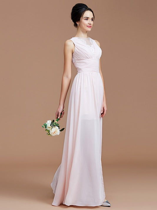 A-Line/Princess Jewel Sleeveless Ruched Floor-Length Chiffon Bridesmaid Dresses