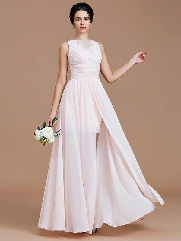 A-Line/Princess Jewel Sleeveless Ruched Floor-Length Chiffon Bridesmaid Dresses