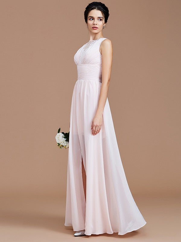 A-Line/Princess Jewel Sleeveless Ruched Floor-Length Chiffon Bridesmaid Dresses