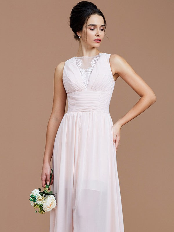 A-Line/Princess Jewel Sleeveless Ruched Floor-Length Chiffon Bridesmaid Dresses