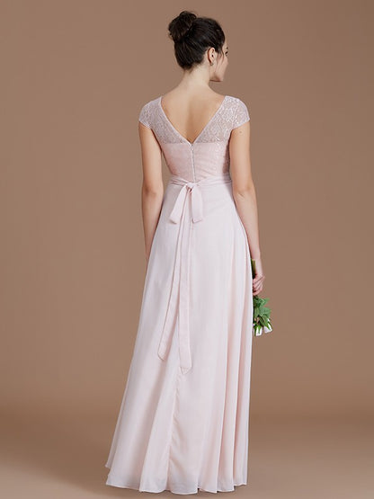 A-Line/Princess Bateau Sleeveless Lace Floor-Length Chiffon Bridesmaid Dresses