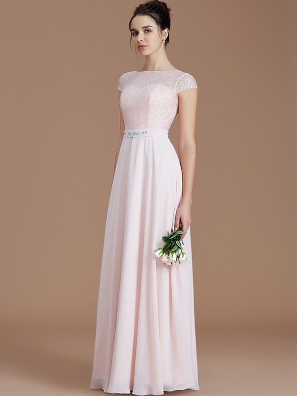 A-Line/Princess Bateau Sleeveless Lace Floor-Length Chiffon Bridesmaid Dresses