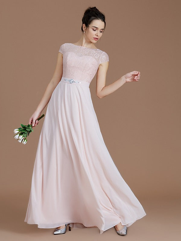 A-Line/Princess Bateau Sleeveless Lace Floor-Length Chiffon Bridesmaid Dresses