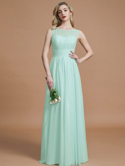 A-Line/Princess Scoop Sleeveless Floor-Length Chiffon Bridesmaid Dresses