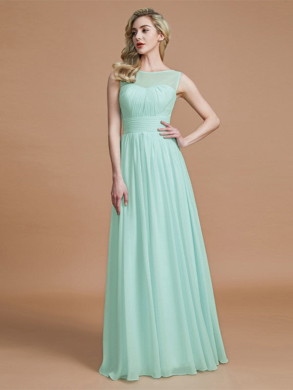 A-Line/Princess Scoop Sleeveless Floor-Length Chiffon Bridesmaid Dresses