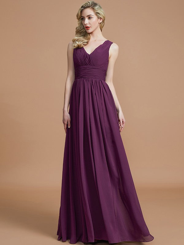 A-Line/Princess Sleeveless V-neck Floor-Length Chiffon Bridesmaid Dresses