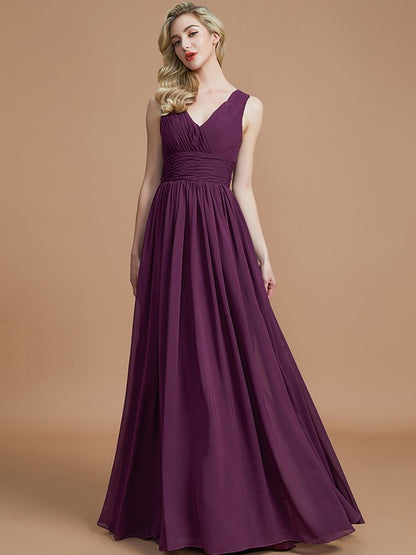 A-Line/Princess Sleeveless V-neck Floor-Length Chiffon Bridesmaid Dresses