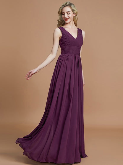 A-Line/Princess Sleeveless V-neck Floor-Length Chiffon Bridesmaid Dresses