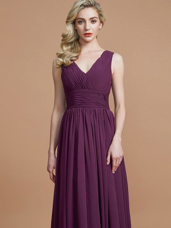 A-Line/Princess Sleeveless V-neck Floor-Length Chiffon Bridesmaid Dresses