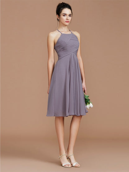 A-Line/Princess Halter Sleeveless Ruched Short/Mini Chiffon Bridesmaid Dresses