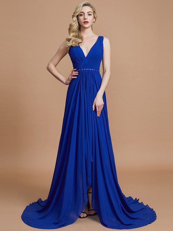 A-Line/Princess Sleeveless V-neck Chiffon Sweep/Brush Train Bridesmaid Dresses