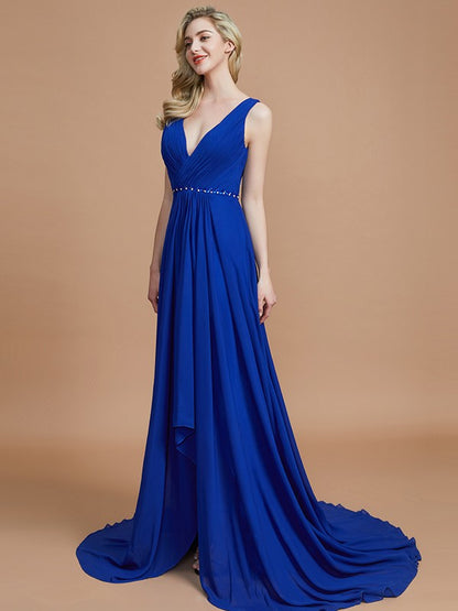 A-Line/Princess Sleeveless V-neck Chiffon Sweep/Brush Train Bridesmaid Dresses