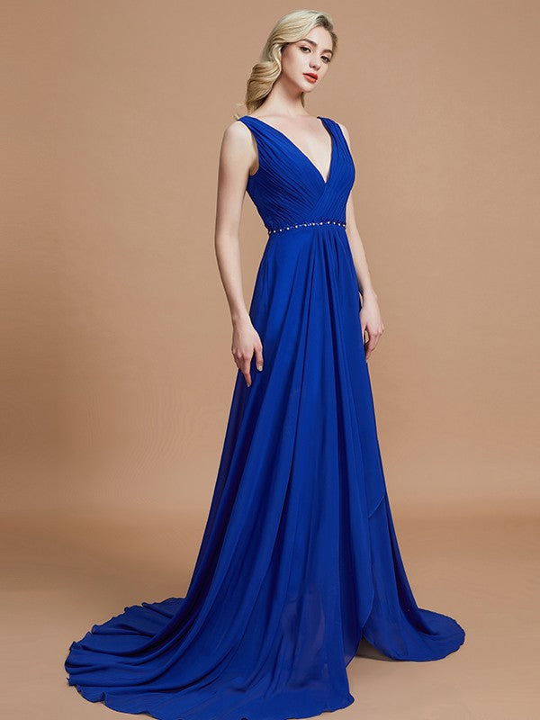 A-Line/Princess Sleeveless V-neck Chiffon Sweep/Brush Train Bridesmaid Dresses