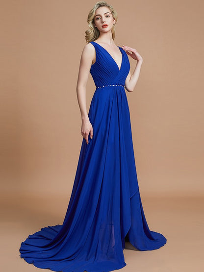 A-Line/Princess Sleeveless V-neck Chiffon Sweep/Brush Train Bridesmaid Dresses