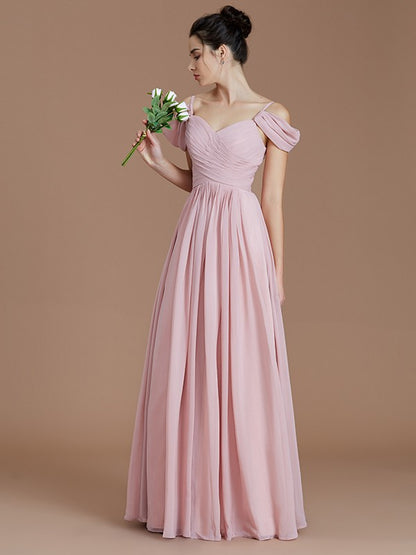 A-Line/Princess Off-the-Shoulder Sleeveless Ruched Floor-Length Chiffon Bridesmaid Dresses