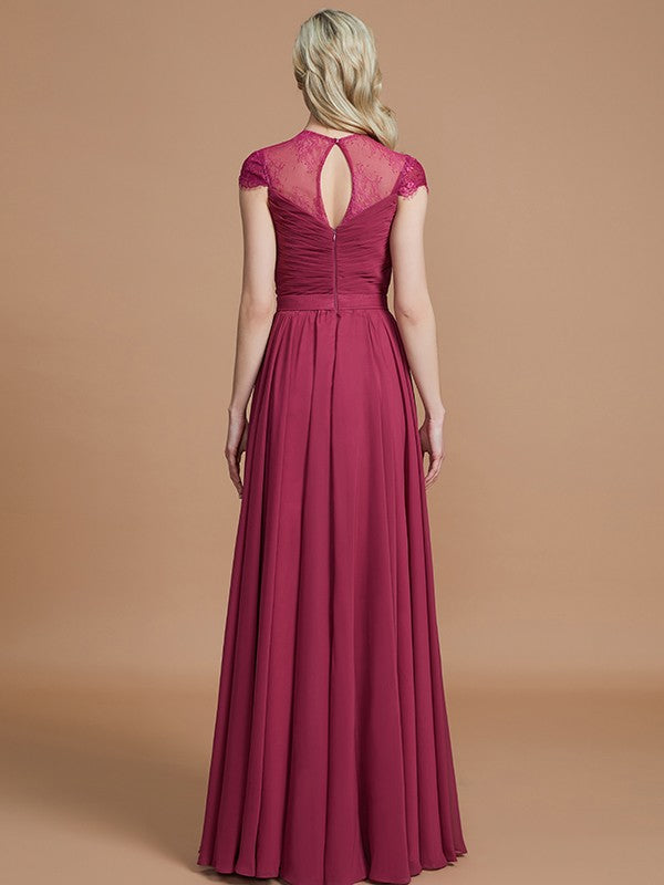 A-Line/Princess Scoop Short Sleeves Chiffon Floor-Length Bridesmaid Dresses