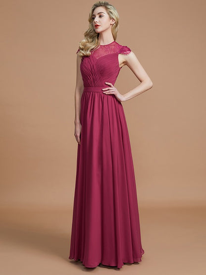 A-Line/Princess Scoop Short Sleeves Chiffon Floor-Length Bridesmaid Dresses