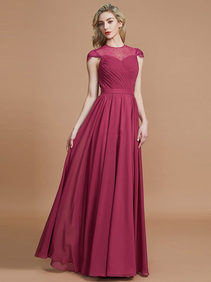 A-Line/Princess Scoop Short Sleeves Chiffon Floor-Length Bridesmaid Dresses